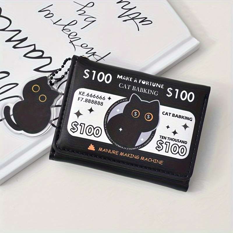 1pc Festive Fortune Folding Wallet with Cat Baking DesignBlack 10.5cm x 4.13cm 8cm x 3.15cm 1
