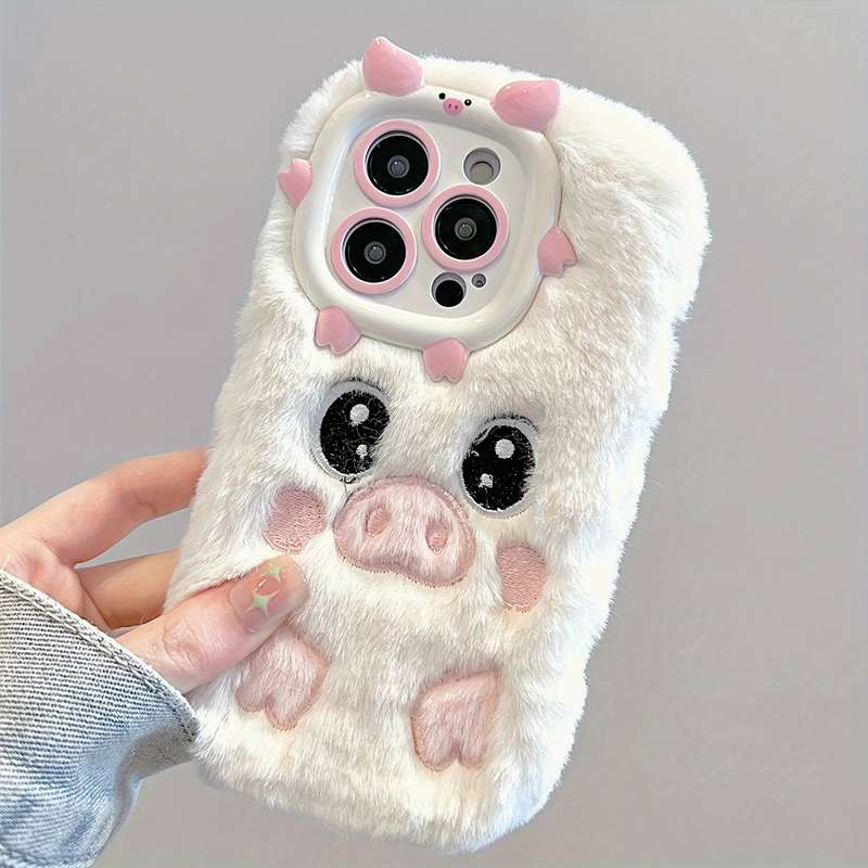 1Pc White For iPhone 15 Plus Cute Plush Piggy Phone Case