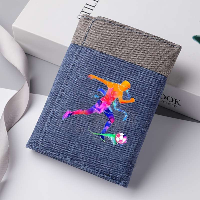 1pc Men'S Casual Canvas Wallet with Football Player Design Color Block Double-Fold Multi-Car