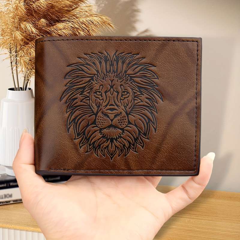 1pc Men's Vintage Lion Embossed WalletSoft Faux Leather Deep Brown with ID Window Ideal Gift f