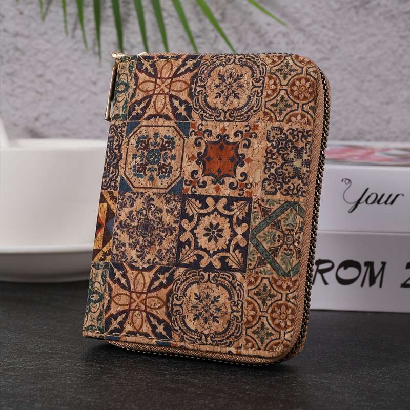 1pc Bohemian Vintage Mini Wallet Floral Pattern Short Cork Coin Purse Ethnic Style Credit Card Ho