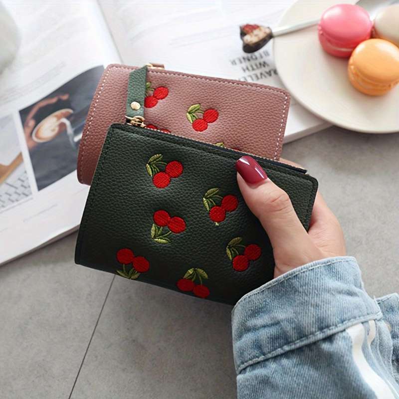 1pc Cherry Embroidery Women's Vertical Wallet Fashionable PU Short Clutch Purse Trendy Portable P