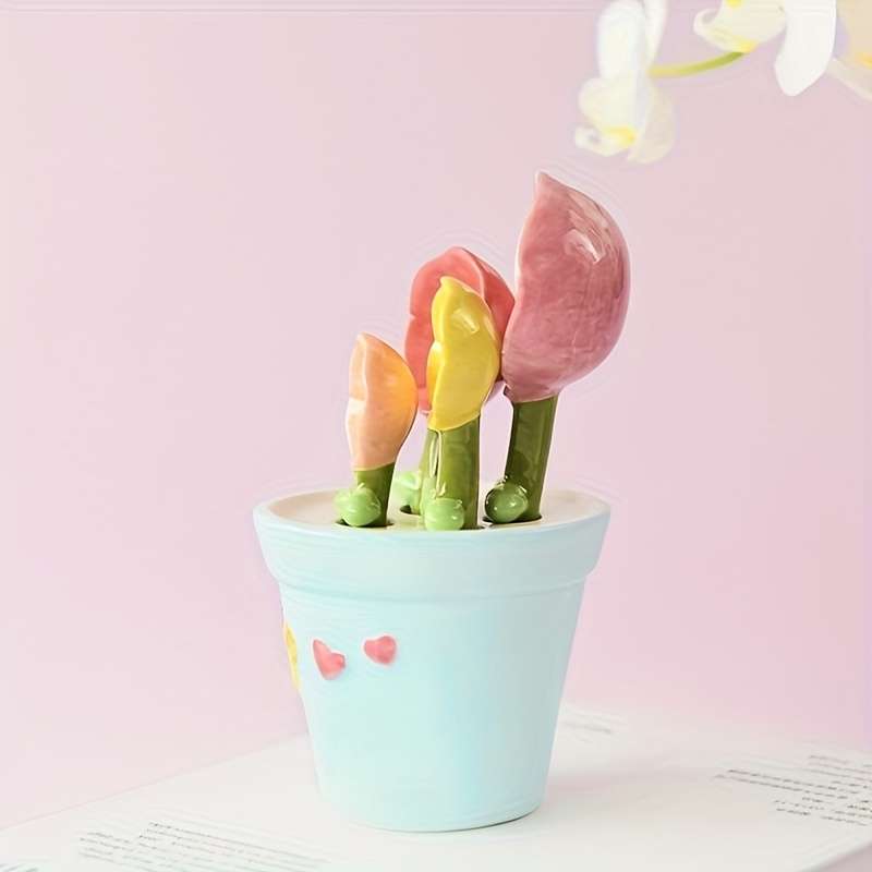 1 Set of Flower Spoons with Storage Rack Cute Household Kitchen Ceramic Spoons with Base Kitc