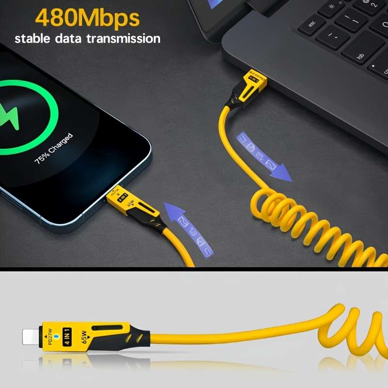 1pc 65W zinc alloy universal 4-in-1 high-speed charging data cable spring retractable cable co