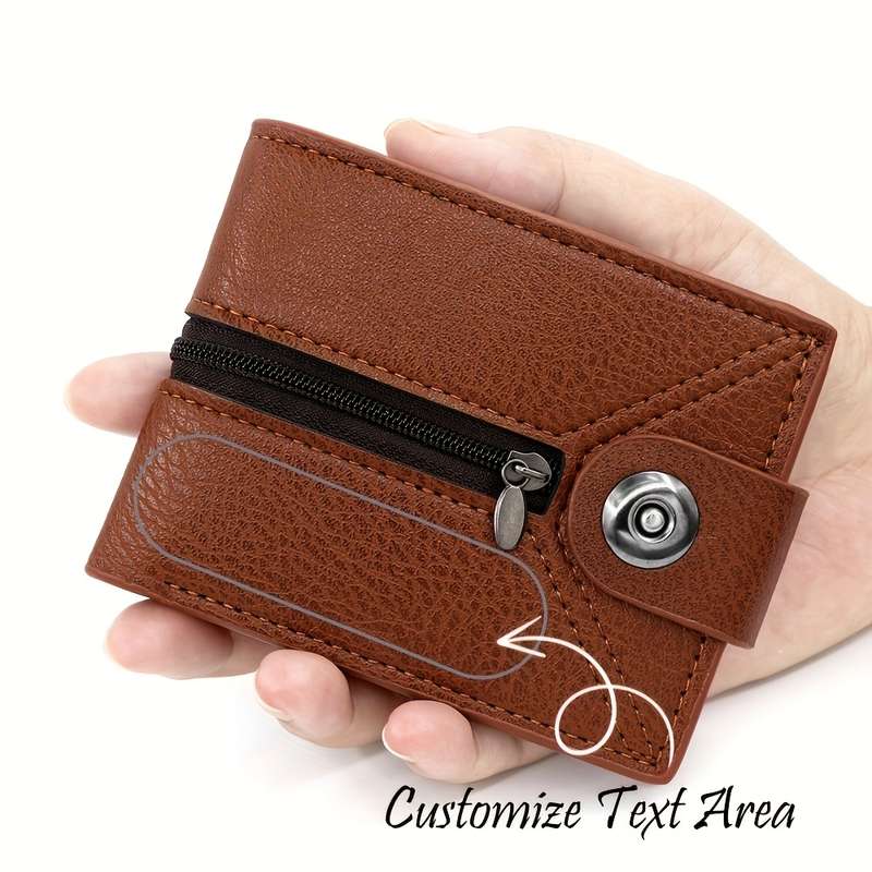 1pc Customizable Carved Men'S Short Casual Faux Leather Wallet Solid Color Non-Braided Zippe