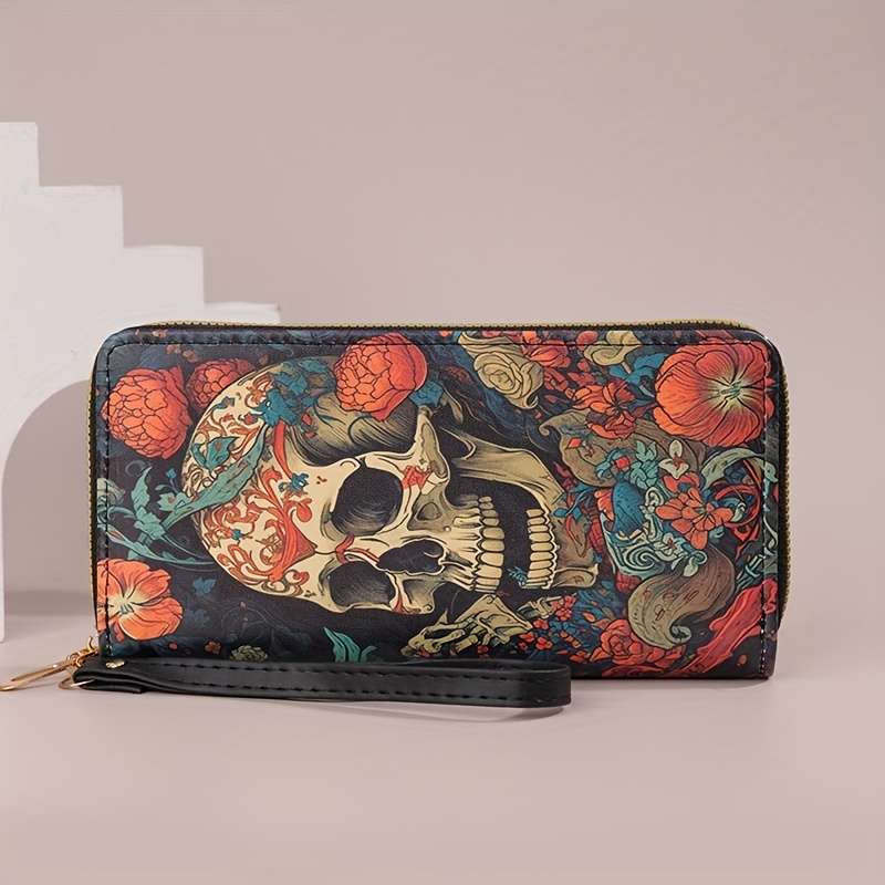 1pc Advanced Retro Halloween Wallet for Women 2024 New Fashionable Texture Pumpkin Skull Wallet Lon