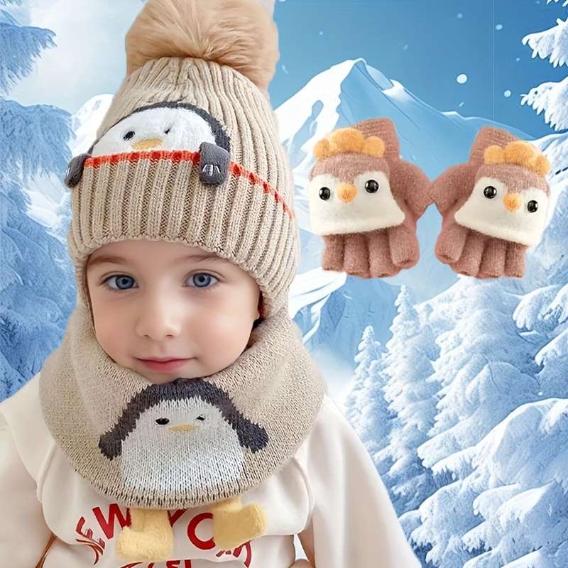 Winter Hat Color Little Penguin  Baby Hat Add Small Scarf Add Gloves    Brown