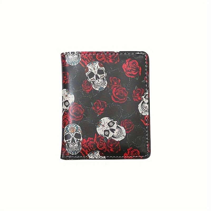 1pc Stylish Retro Skull Rose Compact Wallet for WomenVibrant Pink White Red Durable PU with P
