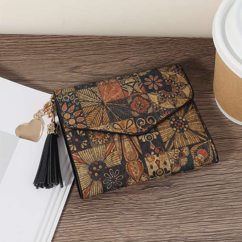 1pc Chic Heart-Shaped Metal Tassel Accent Womens WalletCompact Retro Floral Print Purse with
