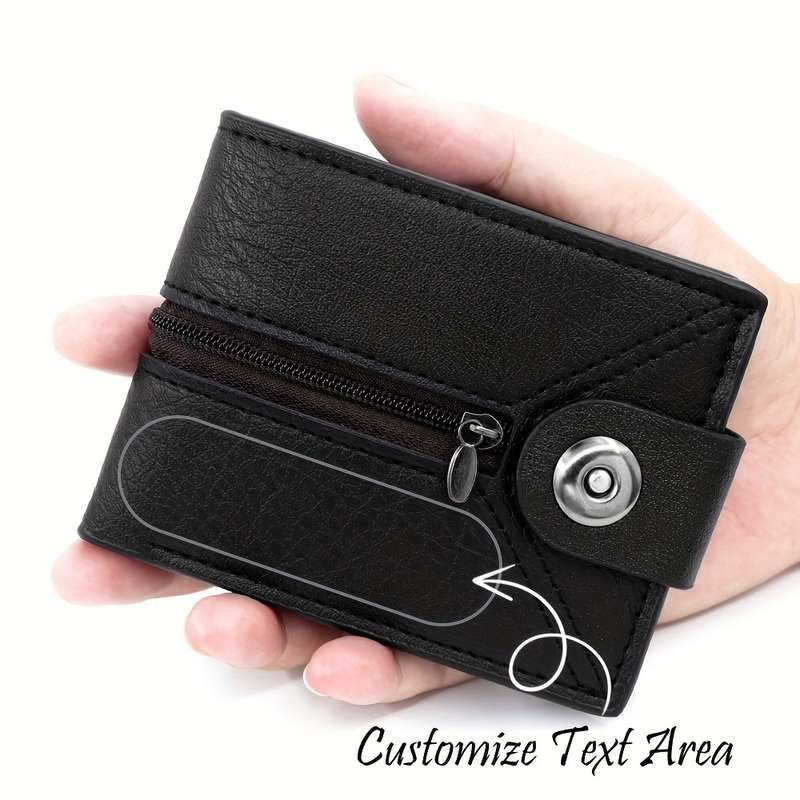 1pc Customizable Carved Men'S Short Casual Faux Leather Wallet Solid Color Non-Braided Zippe