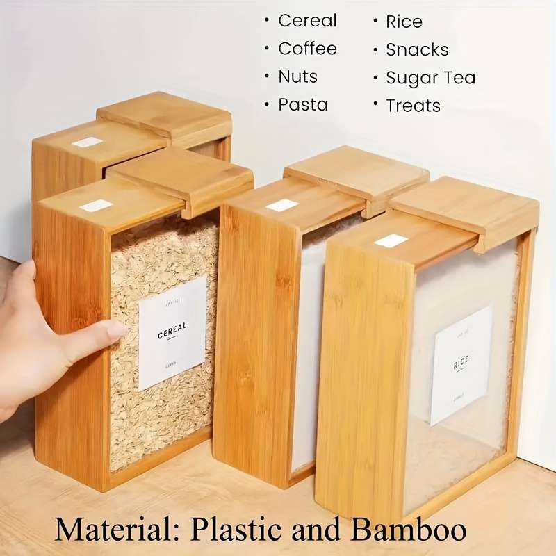 1pc High-Quality 3L Bamboo Wood Food Storage Box with Sliding Lid Ideal for Pasta Grains M