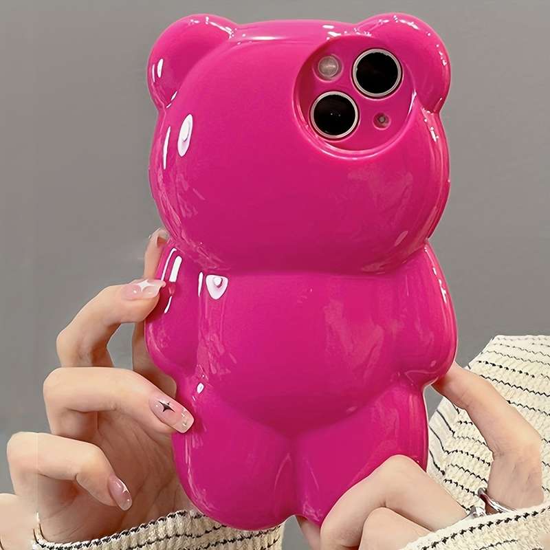1Pc Rose Red For iPhone 13 3D Hot Pink Bear Phone Case
