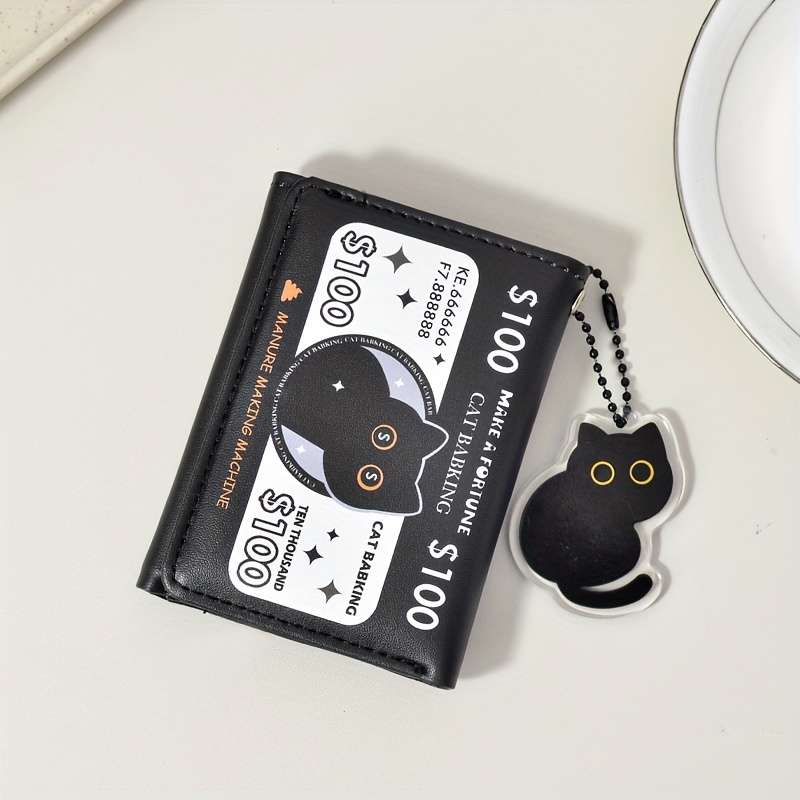 1pc Festive Fortune Folding Wallet with Cat Baking DesignBlack 10.5cm x 4.13cm 8cm x 3.15cm 1