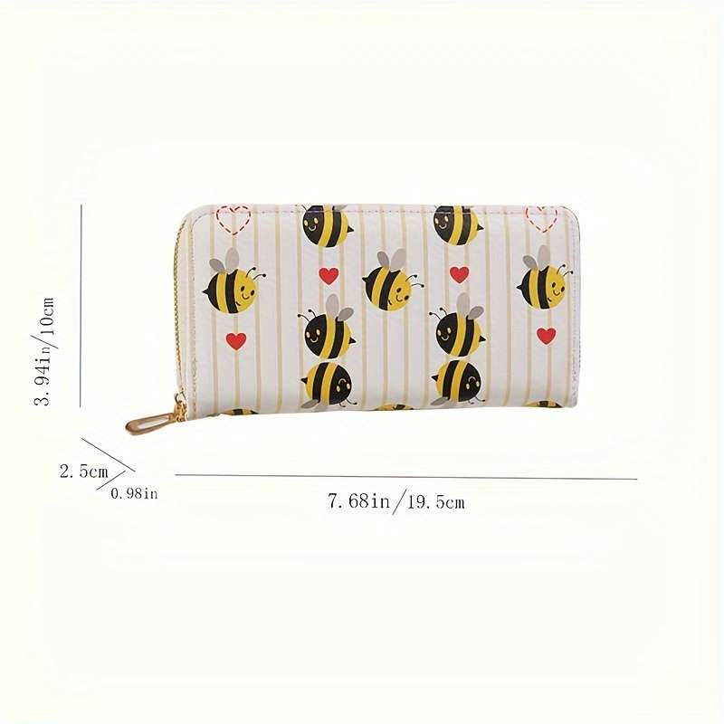 1pc Chic Bee Print Long Wallet for WomenFashionable Zippered Clutch with Multiple Card Slots La
