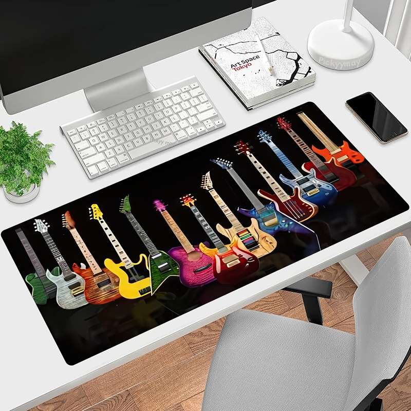 1pc Large Electric Guitar-Themed Mouse Pad Waterproof Non-Slip Rubber Base with Stitched Edges f
