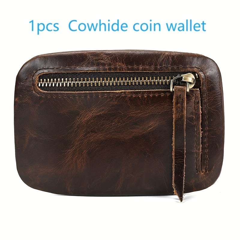 1pc Genuine Leather Cowhide Coin Wallet for Men Women Vintage Brown Leather Zipper Pouch wi