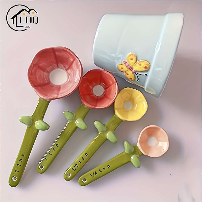 1 Set of Flower Spoons with Storage Rack Cute Household Kitchen Ceramic Spoons with Base Kitc