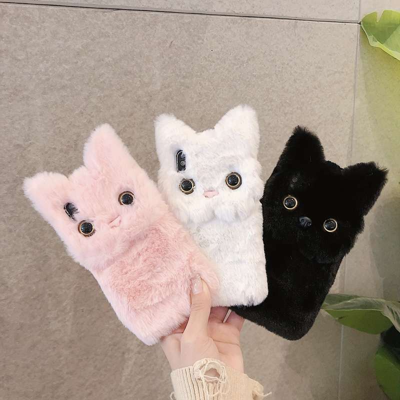 1Pc Pink Red For iPhone 7 8 Soft Winter Cat Plush Phone Case