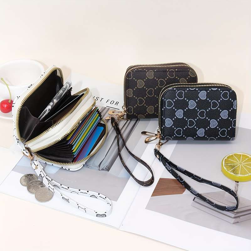 1pc Fashion Heart Print Double Zipper Wallet with Multiple Card Slots Large Capacity Faux Leather