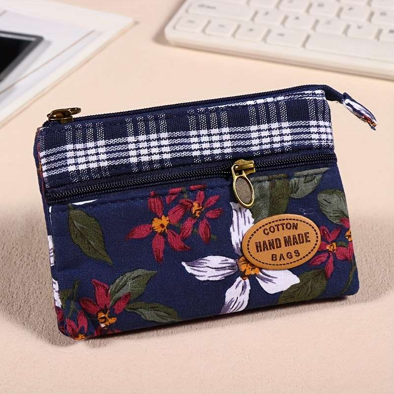 1pc Mini Fabric Coin Purse Flower Pattern Card Holder Multi Layer Change Pouch Wallet