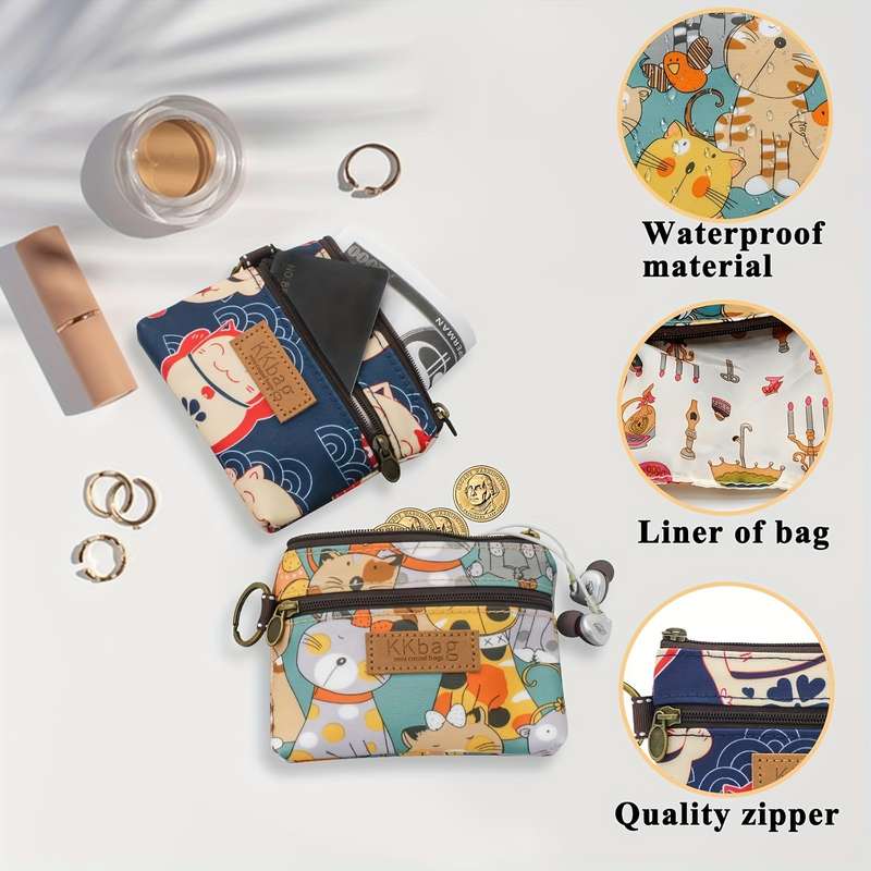 1pc Print Zipper Wallet PurseLightweight Polyester Coin Purse with Multiple Compartments Compac