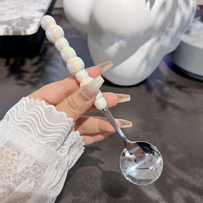 2pcs Colorful Pearl Stainless Steel Teaspoons Kitchen and Dining Utensils Dessert Spoons Hom