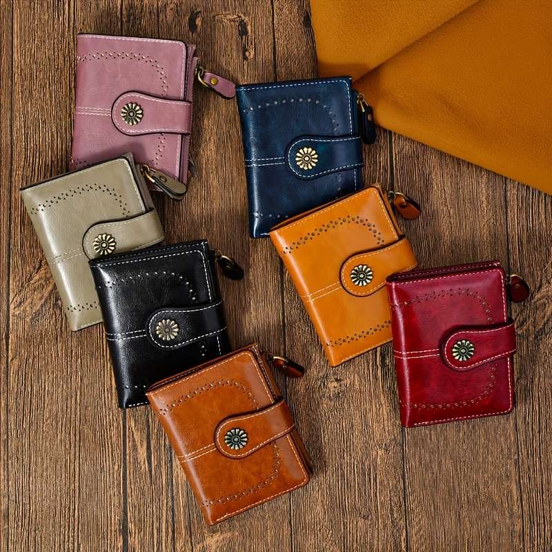 1pc Vintage Women's Faux Leather Wallet Mini Zipper Coin And Card Holder With Hollow Design Multi