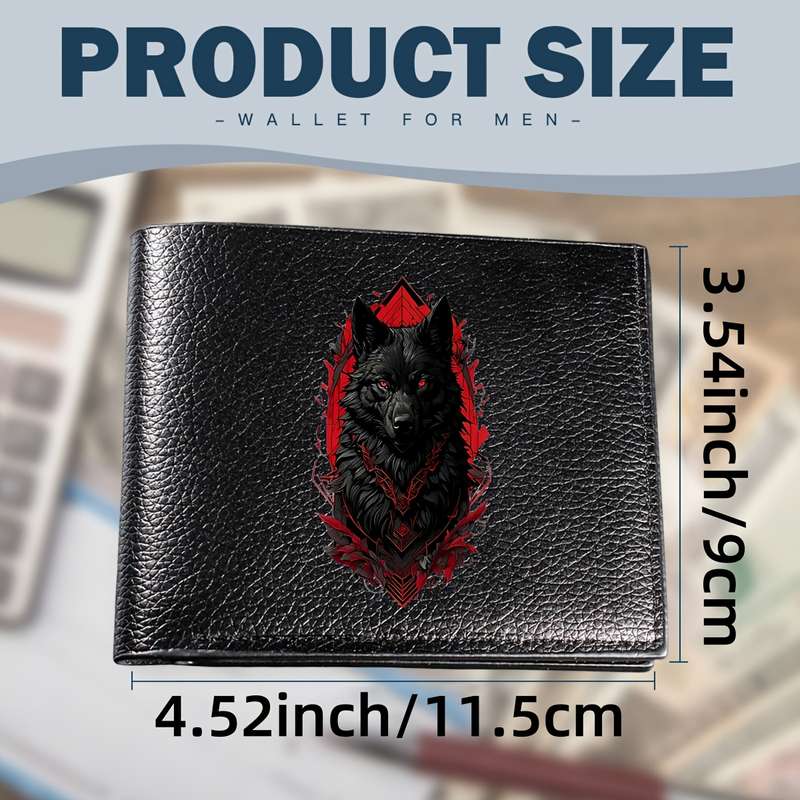 1pc Premium Men's Black Faux Leather Wallet with Intricate Wolf DesignSlim Bifold Style with