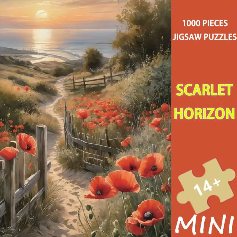 1000pcs Scarlet Horizon Mini Jigsaw Puzzle 26x38cm Coastal Landscape with Red Popp