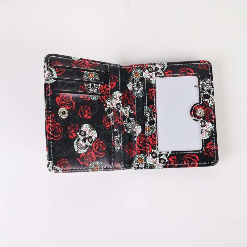1pc Stylish Retro Skull Rose Compact Wallet for WomenVibrant Pink White Red Durable PU with P