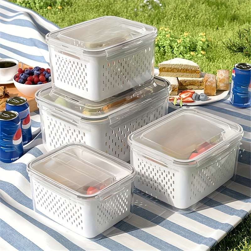 3pcs BPA-Free Plastic Food Storage Container Set with Drain Basket and Lids Leak-Proof Refri