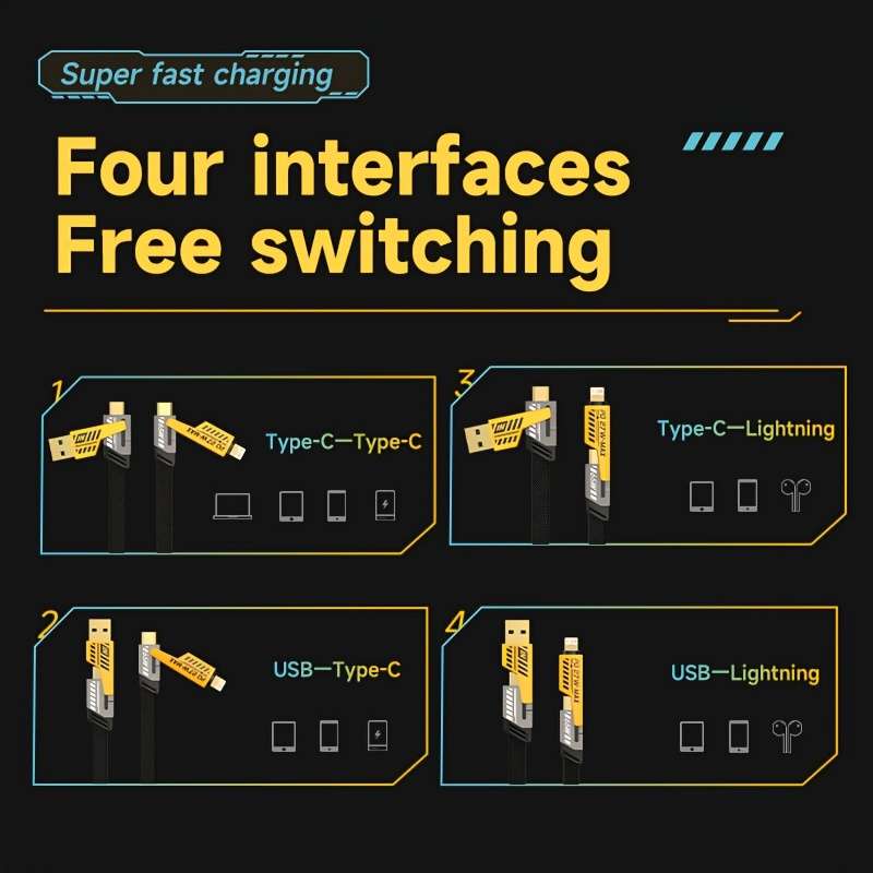 1pc Fast Charging 4-in-1 Cable Dual Type-C USB Lighting Connectors 47.24in 120cm Fabric F