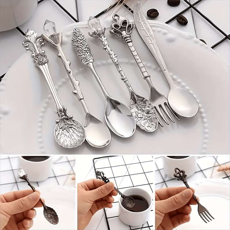 6pcs set of retro royal style dessert tableware stainless steel with Golden carvings small sp
