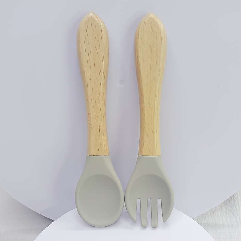 2pcs Customer Favorite 100% Food Grade Silicone Spoon and Fork with Wooden Handle BPA Free Su