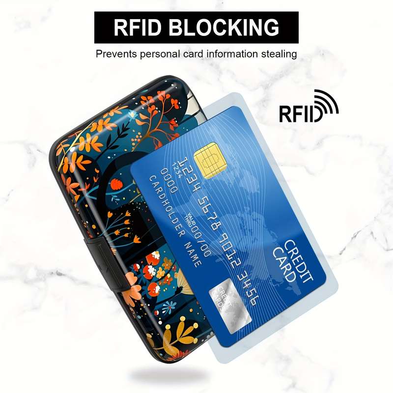 1pc Compact RFID-Blocking Cat Pattern Aluminum WalletColorful Floral and Starry Night Design Me