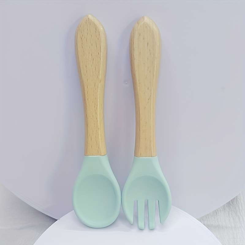2pcs Customer Favorite 100% Food Grade Silicone Spoon and Fork with Wooden Handle BPA Free Su
