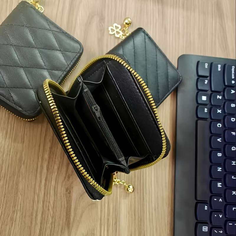 1pc Elegant Black Faux Leather Zipper Wallet with Golden Chain StrapSlim Design Perfect for Car