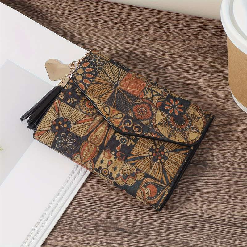 1pc Chic Heart-Shaped Metal Tassel Accent Womens WalletCompact Retro Floral Print Purse with