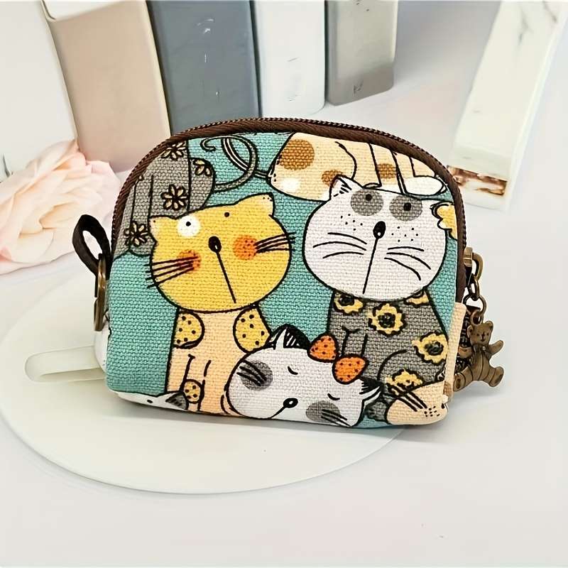 1pc Women's Cute Cartoon Cat Print Canvas Clutch WalletZippered Coin Purse with Animal Design L