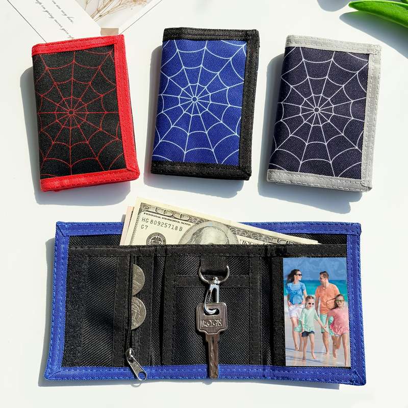 1pc Spider Web Design Trifold Wallet for Teens Stylish Cartoon Print Durable Polyester Large Ca