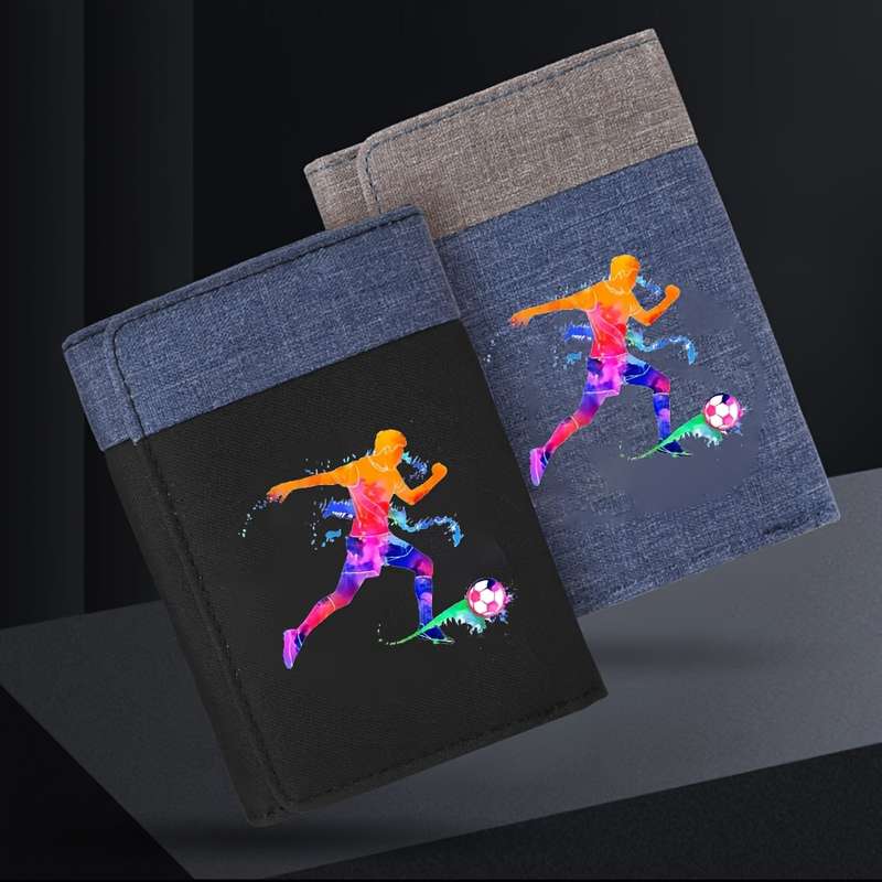 1pc Men'S Casual Canvas Wallet with Football Player Design Color Block Double-Fold Multi-Car
