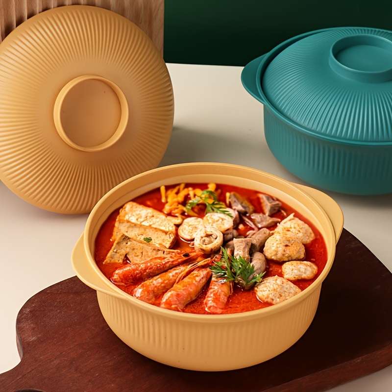 2pcs Set Large Capacity Casserole Style Bowl with Lid and Long Soup Spoon 1100ml 38oz Portable