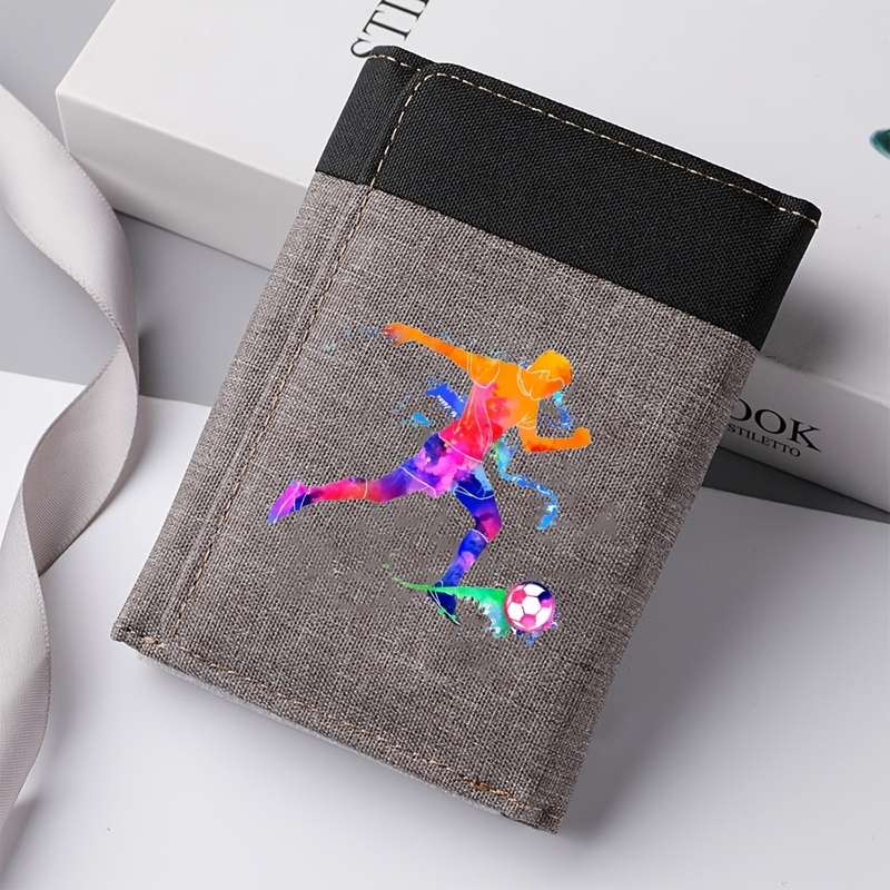 1pc Men'S Casual Canvas Wallet with Football Player Design Color Block Double-Fold Multi-Car