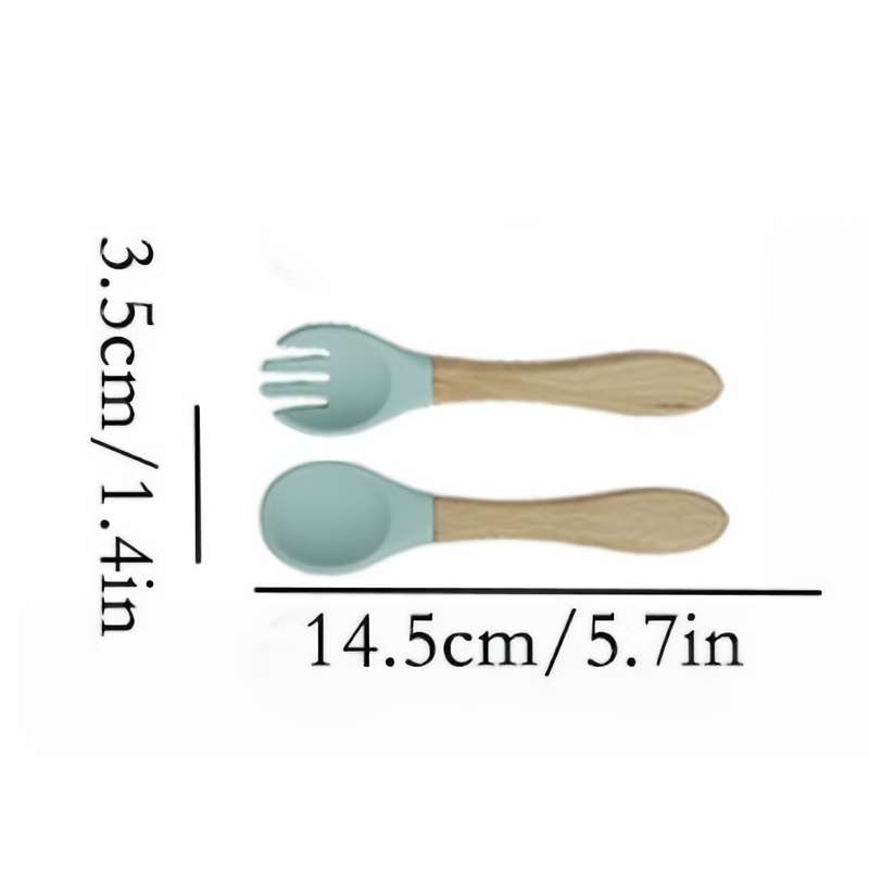 2pcs Customer Favorite 100% Food Grade Silicone Spoon and Fork with Wooden Handle BPA Free Su