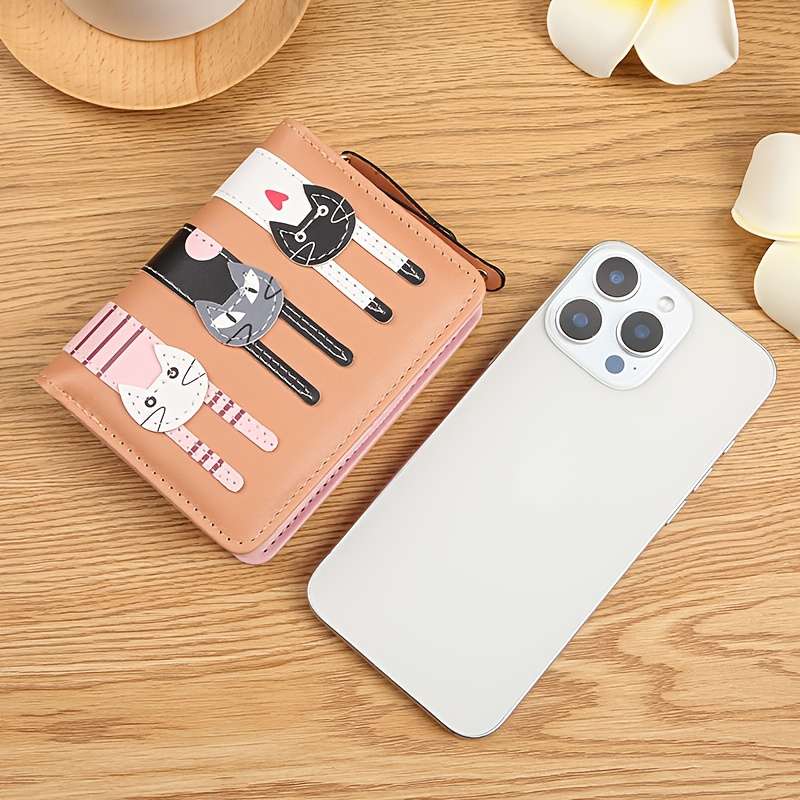 1pc Cute Cartoon Cat Design Synthetic Leather Wallet for Women Casual Style Bi-fold with Snap
