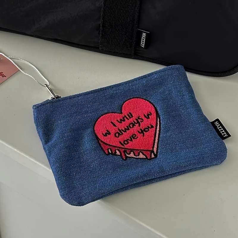 1pc Denim Coin Purse with Heart Design "I Will Always Love You" Embroidery Zippered Denim Wallet