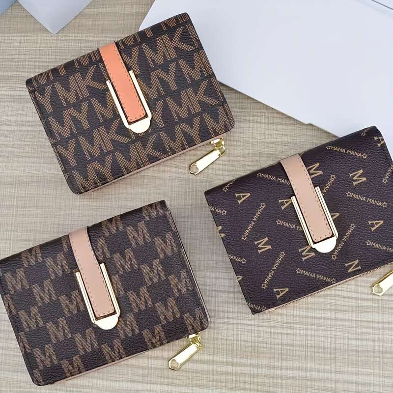 1pc Vintage Style Mini Zip Wallet for Men WomenBlack with "MANA" Print Magnetic Closure ID C