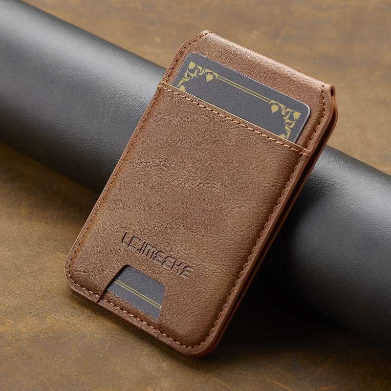 1pc OUKNOEO Unisex Faux Leather Magnetic Wallet with Zipper Casual Style Card Holder 3 Card Slots