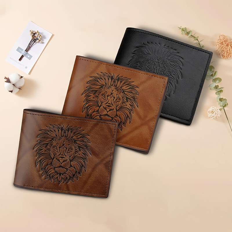 1pc Men's Vintage Lion Embossed WalletSoft Faux Leather Deep Brown with ID Window Ideal Gift f