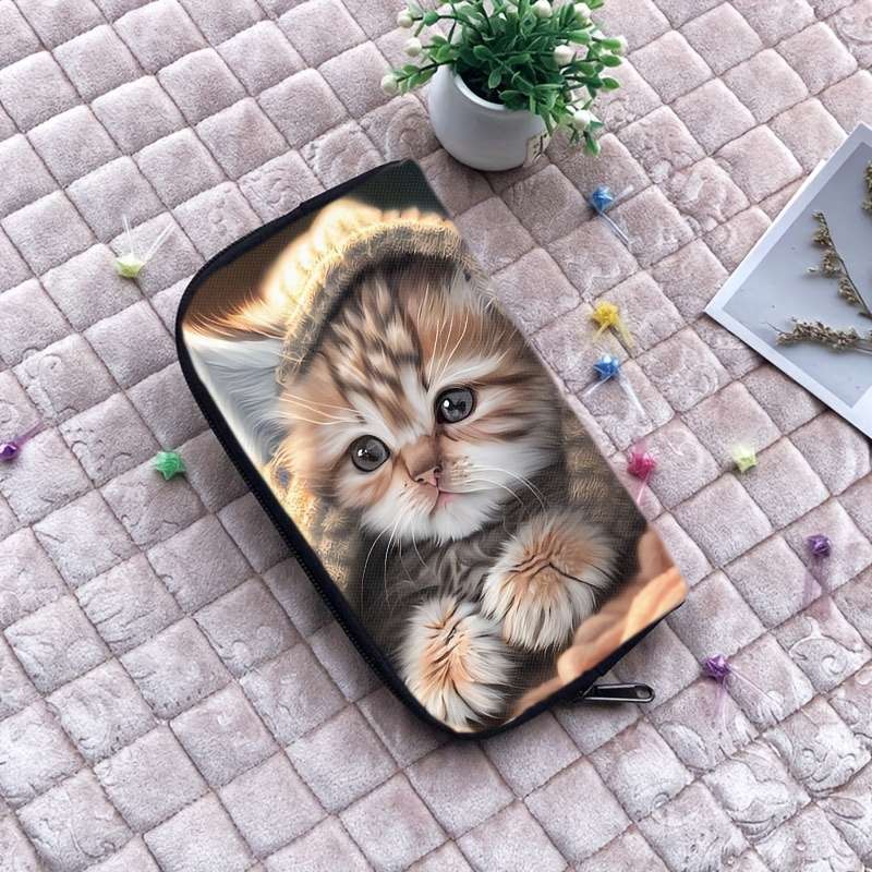1pc Kawaii Kitten Print Polyester Wallet for Women Casual Style Zippered Clutch